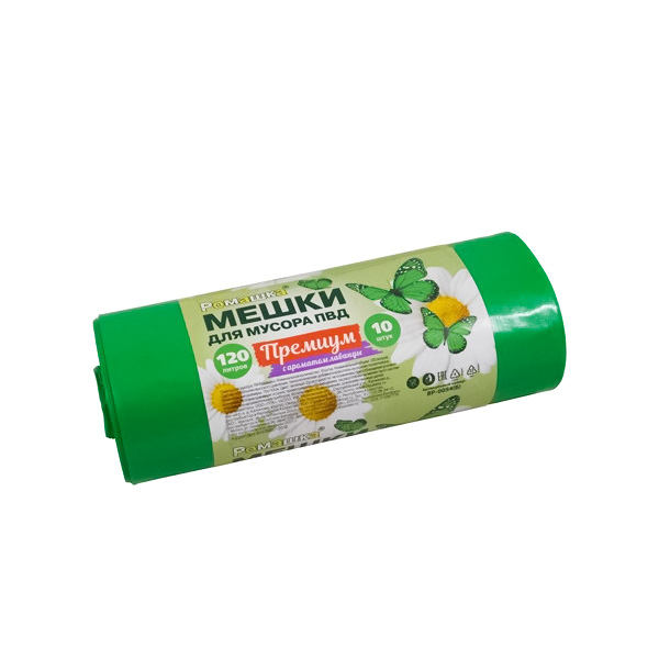 Мешки мусорные 120л 70x110см ПВД в рул. ПРЕМИУМ фисташка Ромашка /35мкм/10шт/уп/12уп/кор Мешки мусорные 120л 70x110см ПВД в рул. ПРЕМИУМ фисташка Ромашка /35мкм/10шт/уп/12уп/кор